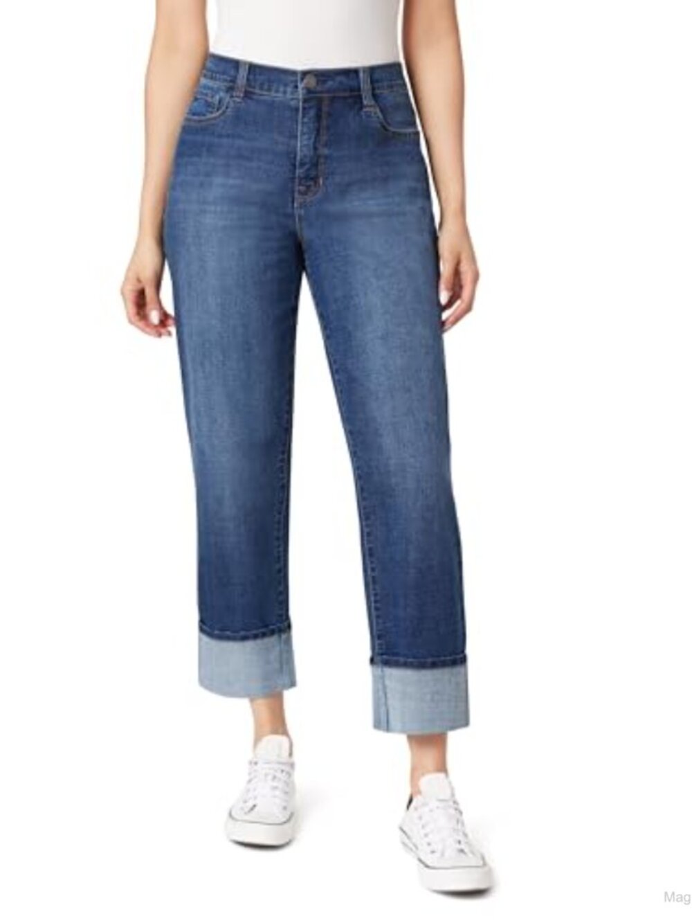 High-Rise Straight Ankle Jeans Deep Cuff Stretch Cotton Blend 27" Inseam